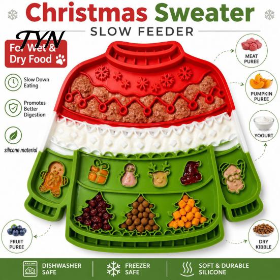 Easy Clean Pet Mat Christmas Dog Lick with Powerful Suction Cups, Silicone Slow Feeder for Boredom Breaker Pets, Non-Slip Festive Puppy Feeding