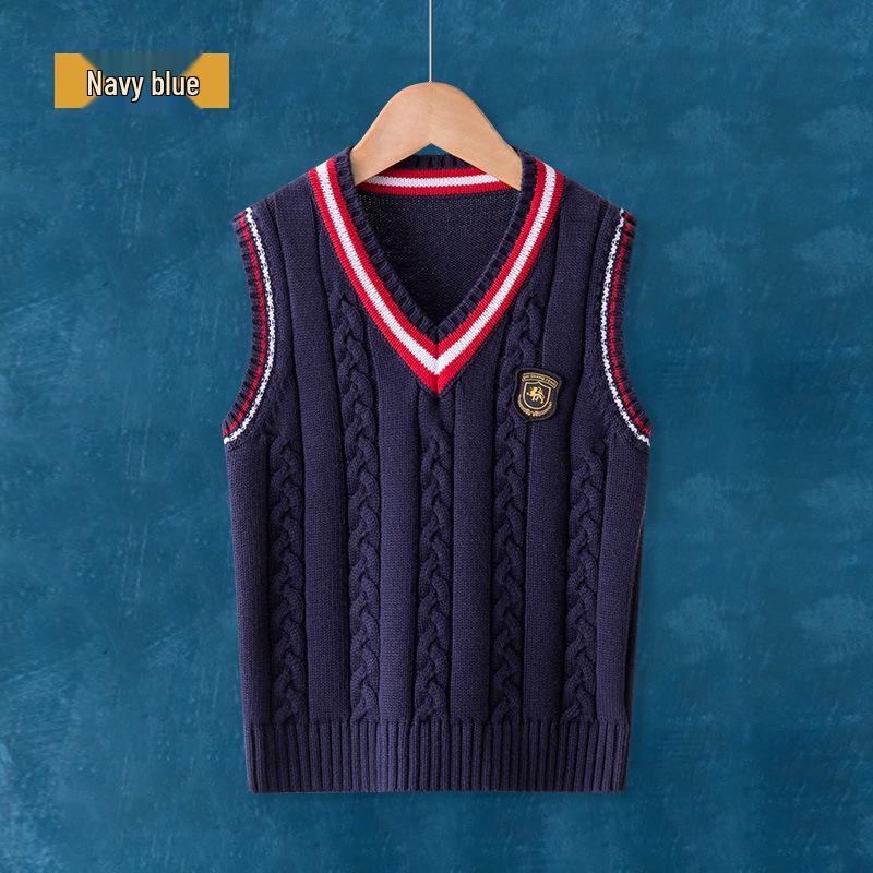 Strikket ermeløs vest for barn: Vår & Høst College-stil Skoleuniform