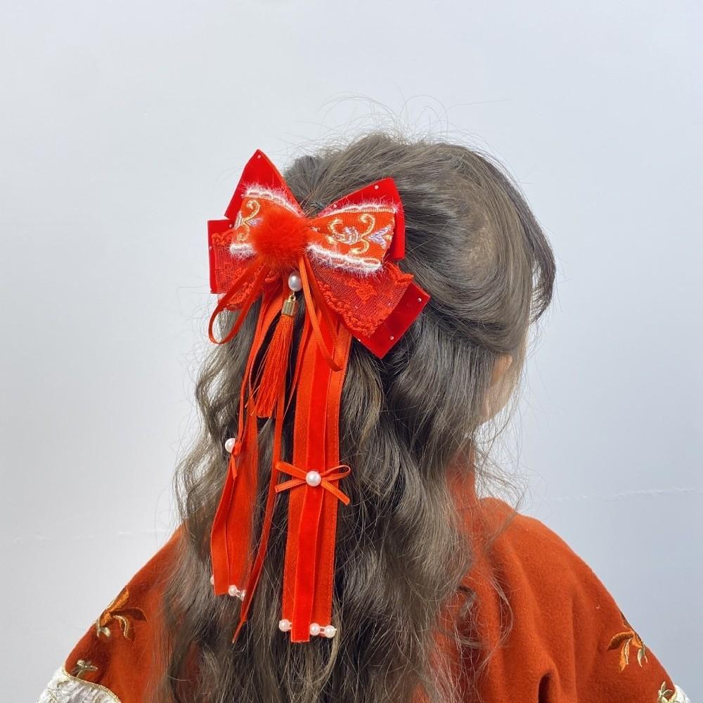 Red New Year Hairpin Ribbon Hanfu Hair Ornamen Holiday Bow Ribbon Hair Clip  Festival