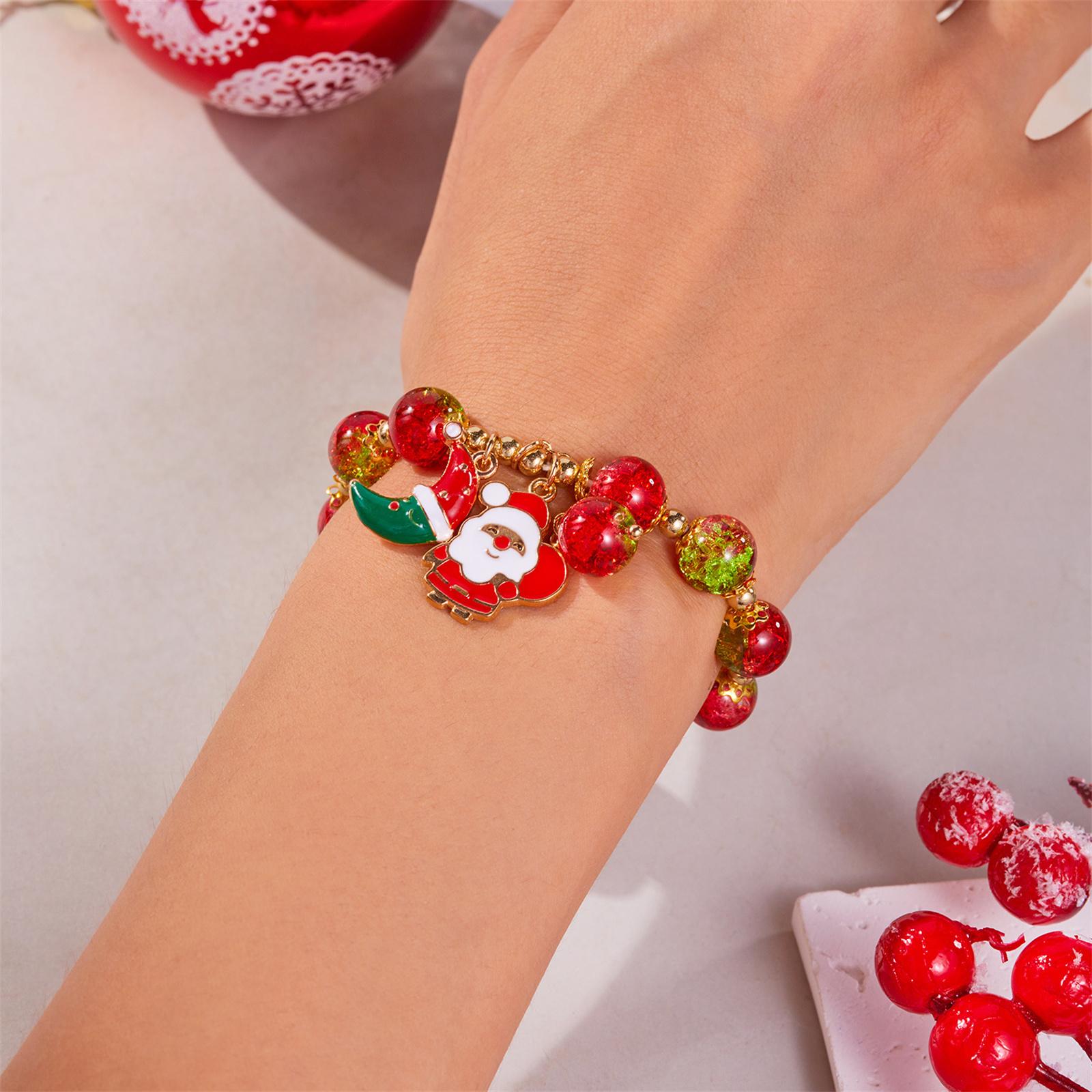 

Рождественский браслет из хрустальных бусин для женщин, ручной работы, с подвесками в виде снежинки, снеговика и колокольчика, сверкающий разноцветный эластичный браслет из бусин one size