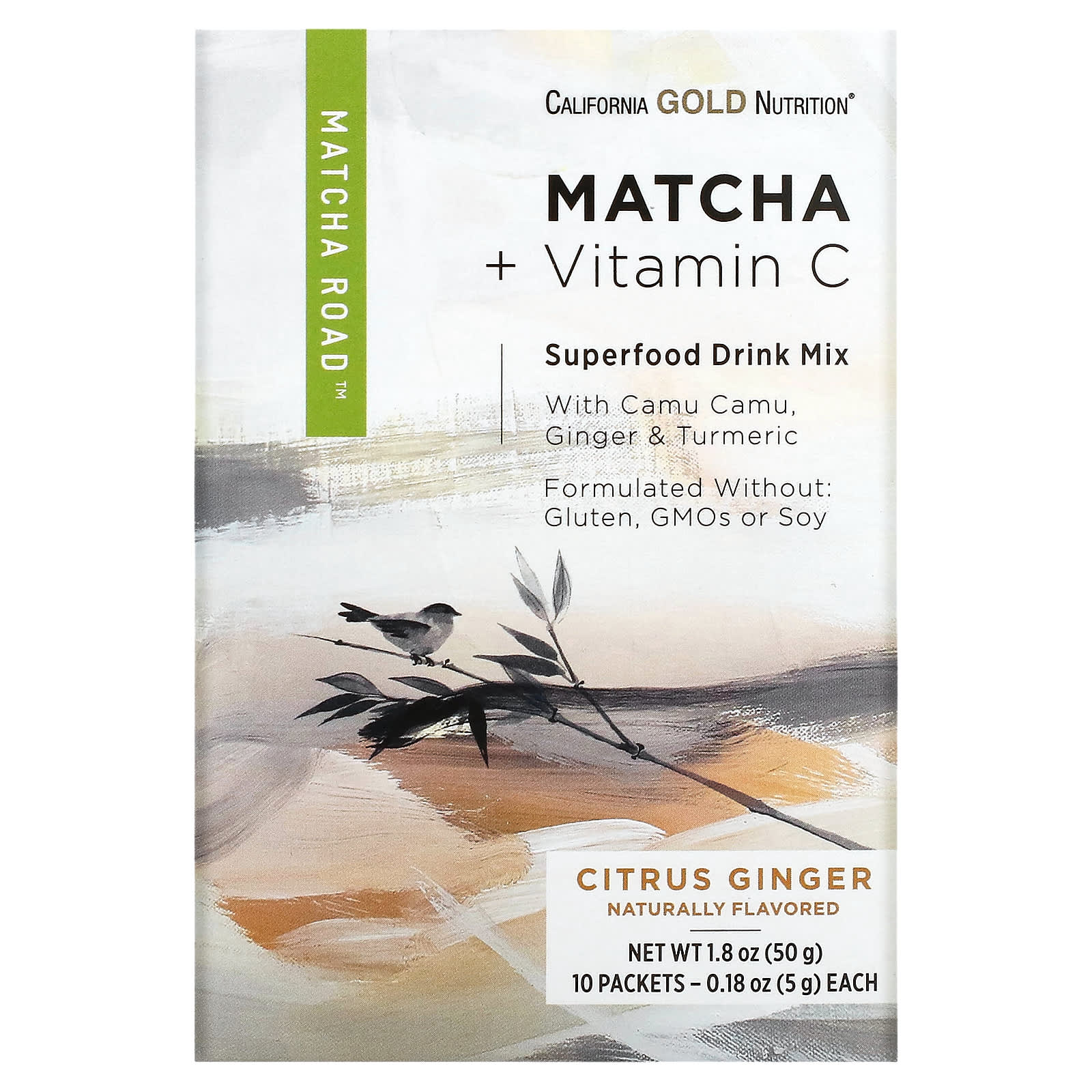 

California Gold Nutrition, Matcha Road, Matcha + Vitamin C, Citrus Ginger, 10 пак