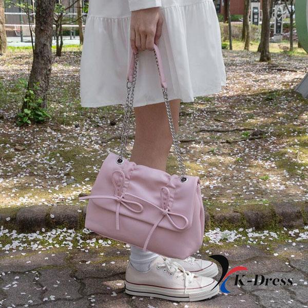 Loving Ribbon Leather Chain Shirring Square Flap Crossbody Shoulder Bag (4 Colors)