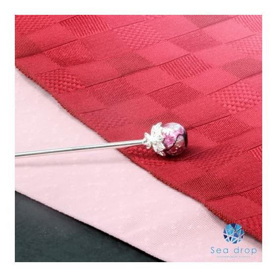 Sea Drop Kanzashi Hairpin with Luminous Firefly Glass, Dragonfly Bead, Pink 14mm, Glow-in-the-Dark, Silver, Single Prong, Japanese Hair Accessory for