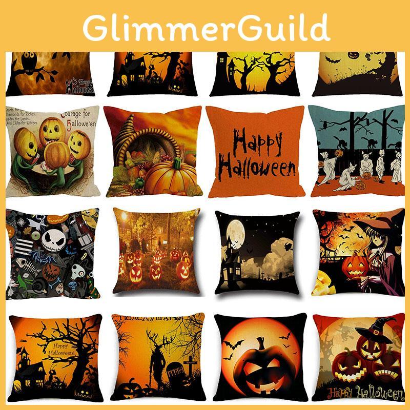Festive Halloween Pumpkin Patterned Linen Pillow Case For Sofa Or Chair Decoration