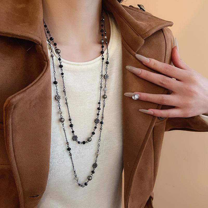 1 Pezzo Nuovo Fiore Vetro Perline Doppio Strato Impilabili Catene Collane per Donne Temperamento Vintage Maglione Gioielli Moda di Alta Gamma
