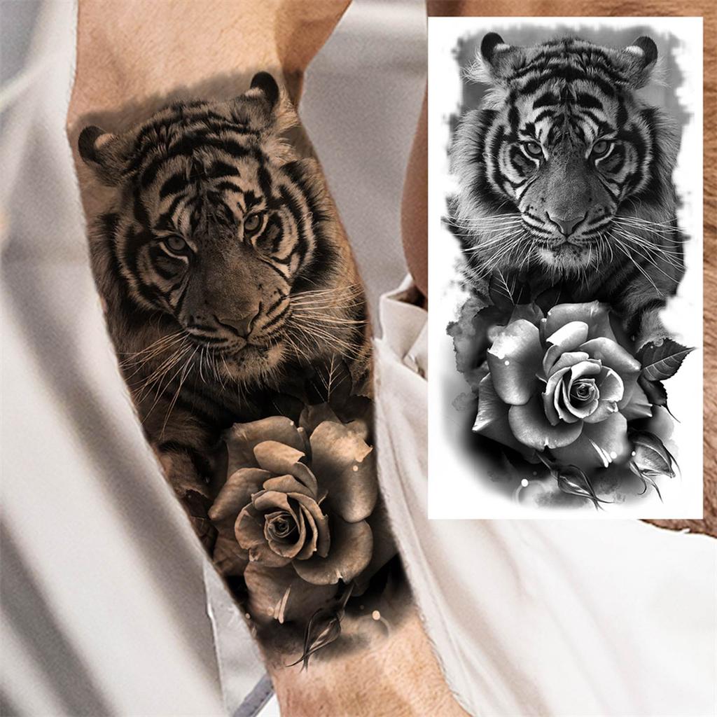 1 Sheet Lion Wolf Skeleton Nun Tiger Black Temporary Tattoos For Men Adult Leg Arm Compass Flower Fake Tattoo Sticker Waterproof