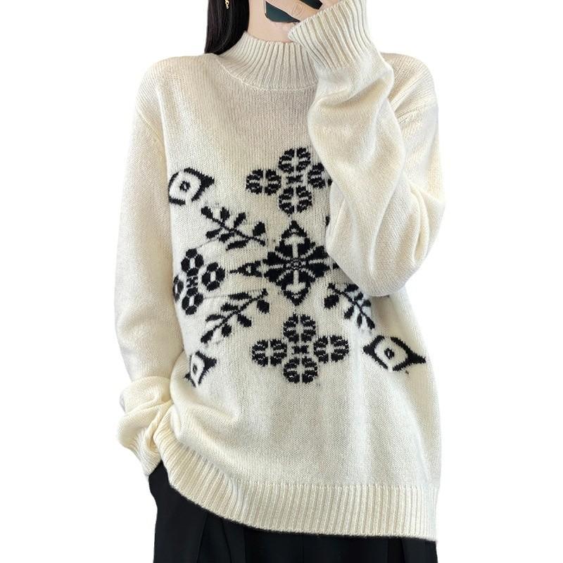 Autumn And Winter New Wool Sweater Half-Height Thickened Edelweiss Loose And Thin Sweater Versatile Long-Sleeved Wool Knitted Sweater Tide
