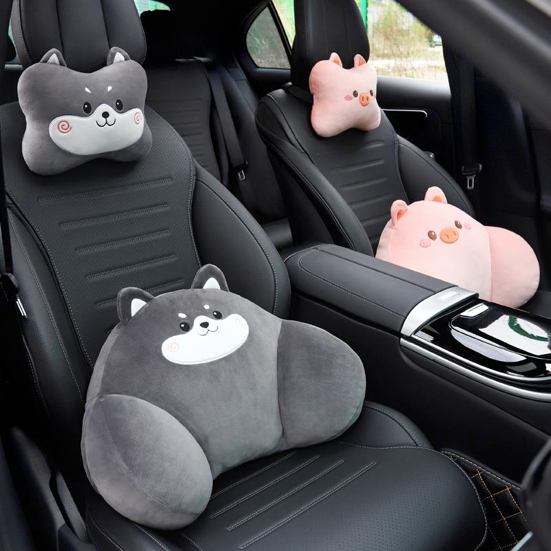 1 Set Auto Interior Decoration Car Headrest Neck Pillows Cute Cartoon Plush Waist Pillow Back Cushion Diy Accessories