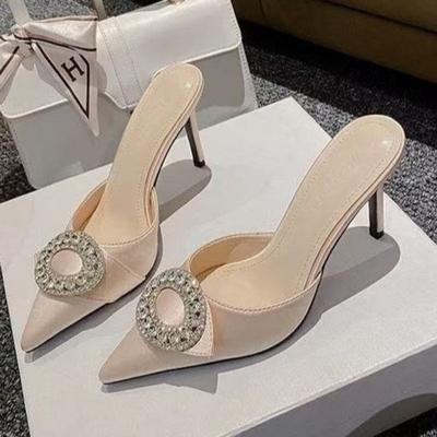 Fashion Women's Baotou Slippers Fall New Pointed Head Rhinestone Buckle Anti-slip Wear-resistant High Heels
