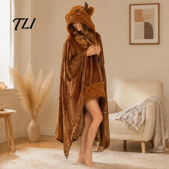 Damen Halloween Kostüm Tier Tragbare Decke Hoodie für Damen, Übergroßer Flanell Pullover Knopfleiste Decke, Cosplay Umhang Nachtwäsche Winter