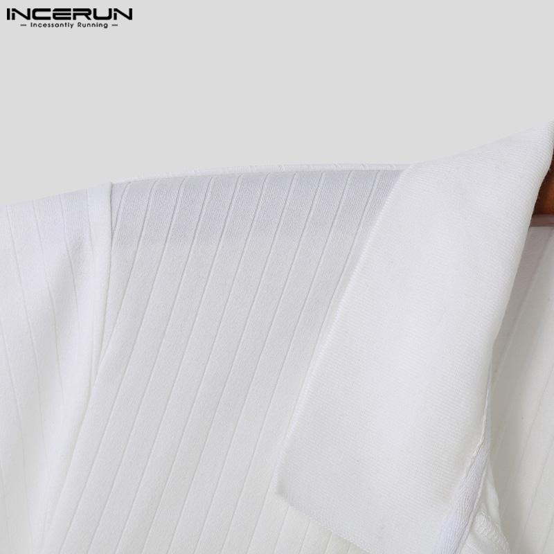 INCERUN Men Stand Collar V Neck Short Sleeve T-Shirts Pinstripe Summer Tee Tops