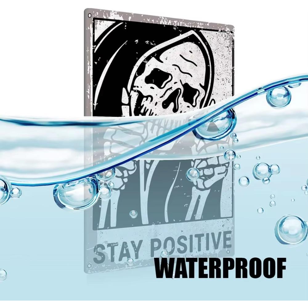 Vintage Stay Positive Skull Sign Metal Tin Sign Wall Décor Funny Retro Sign for Home Bedroom Halloween Decor Gift for Friends