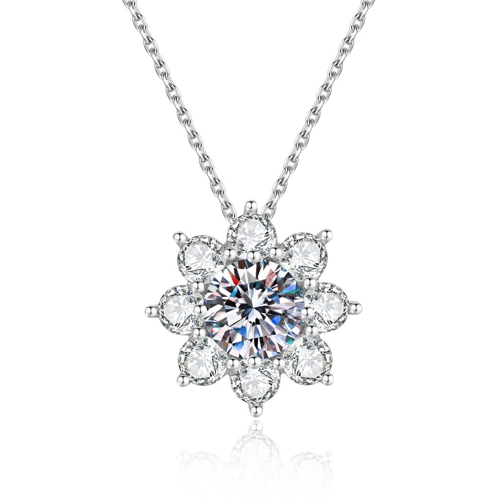 Sunflower Moissanite Pendant Necklace Sterling Silver Sparkling Flower Jewelry for Women