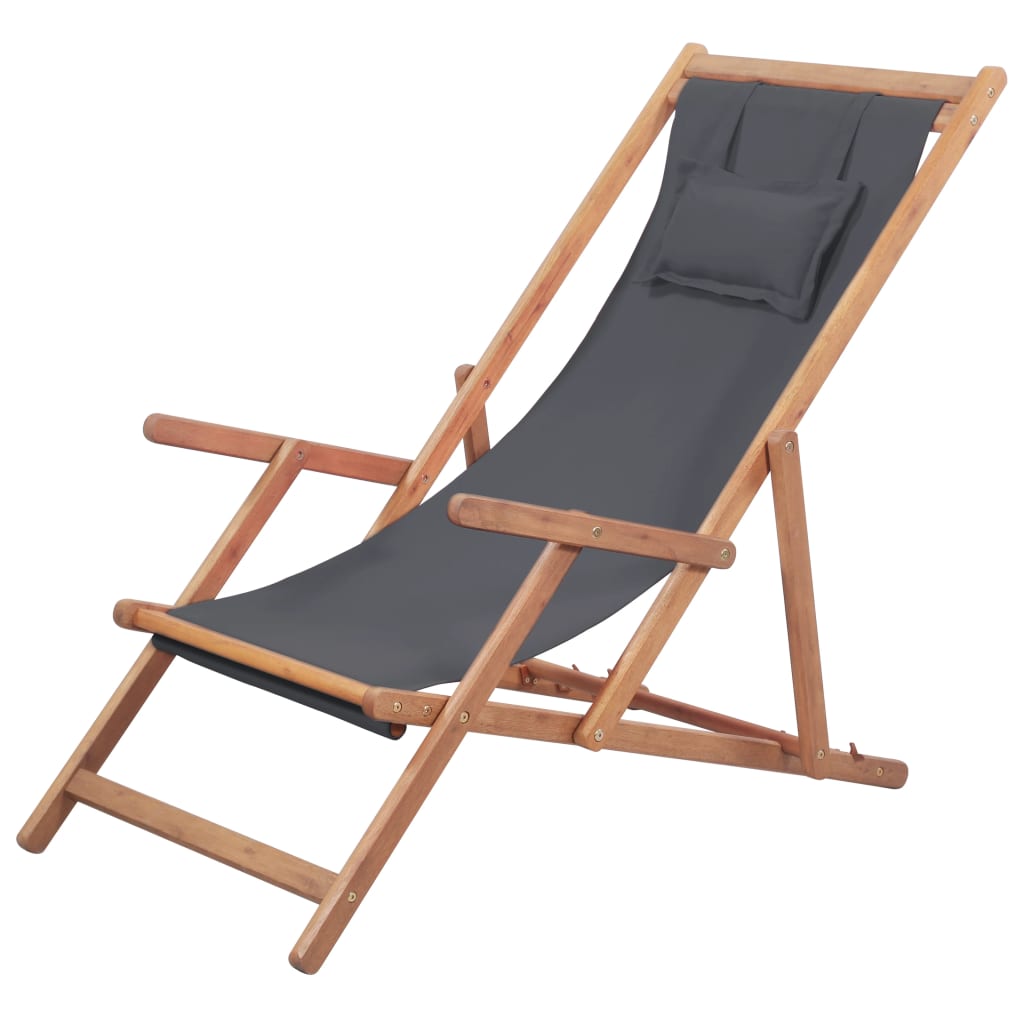 Folding Beach Chair Fabric Seat and Wooden Frame Gray