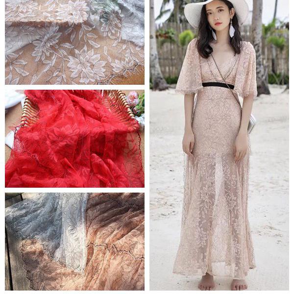 3 Meters Eyelash Lace Fabric,White Black Two-tone Eyelash Lace Trim Soft Red Skin Tone French Bilateral Flower Lace Fabric 150CM