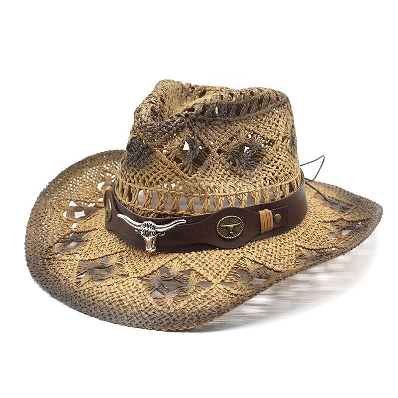 Cowboy Hat Men'S And Women'S Outdoor Shading Breathable Hollow Straw Hat Summer Vacation Beach Hat