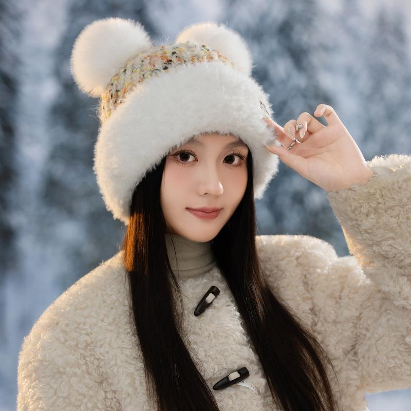 Korean Version of Autumn and Winter Hat for Women's Cute Ear Big Head Wool Hat Fashionable and Versatile Plus Velvet Warm Knitted Hat