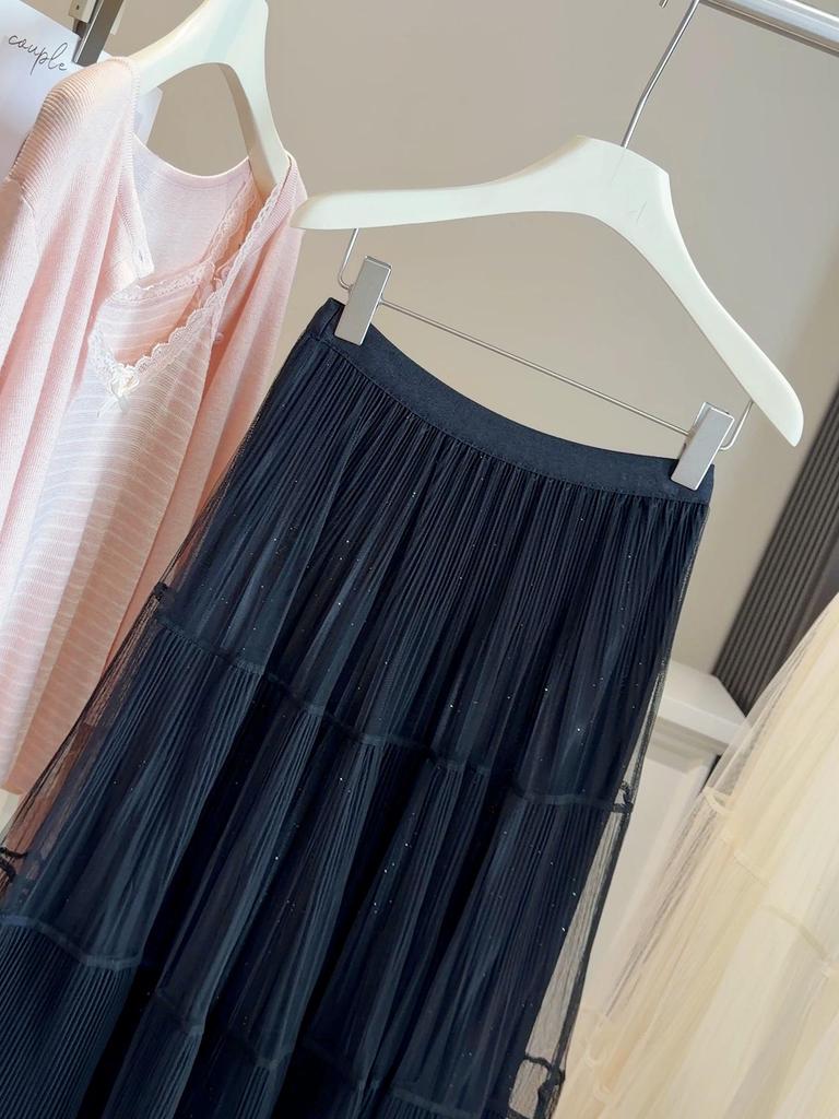 Women's French Shimmering Mesh A-Line Pleated Skirt, Spring/Summer 2026 Trend, Mid-Length with Large Hem