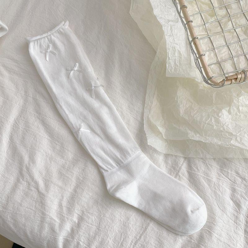 Women'S Stockings High Quality Modern  Simple Cute Japanese Style Long Women Socks Mesh Bow Sweet Knee High Socks Thin White