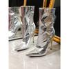 Women Sexy Pointed Toe Thin High Heels Silver Ankle Boots 2025 Fashion Metal Side Zipper Mid-calf Ladies Boots Botas Mujer Goth