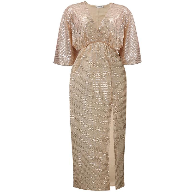 Plus Size Women Sequined V Neck Slit Long A Line Casual Dress