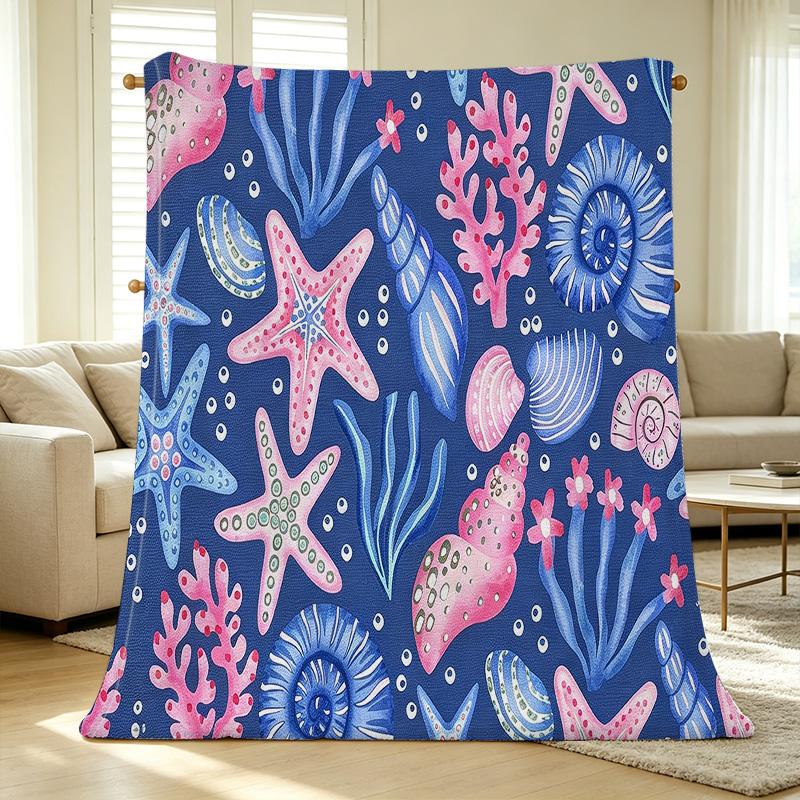 Soft Flannel Fleece Blanket, Ocean Theme Starfish Seashell Design, Warm Cozy Throw for Bedroom Home, Halloween Christmas Decor