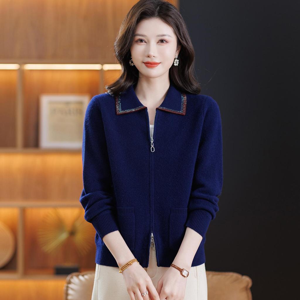100% Pure Wool Women's Zipper Stand Collar Sweater Coat for Spring and Autumn/Winter Warmth, Ideal for Mid-Aged and Elderly