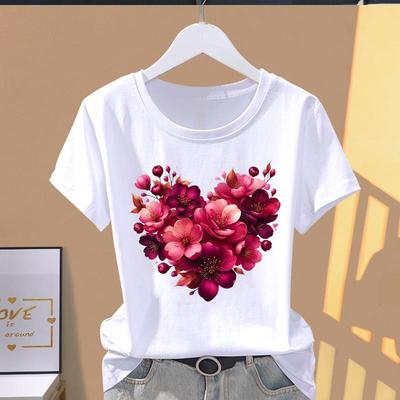 (Asian Size) Women's Top Watercolor Flower Sweet Short Sleeve T-shirts Fashion T Clothing Print Female Casual Graphic Tee