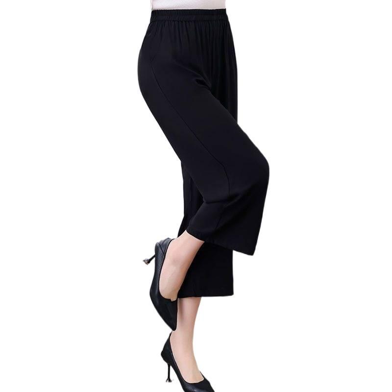 Women's Plus Size Elastic Waist Cotton Silk Pants - High-Waisted, Loose, Solid Color, Straight-Leg, Summer Style for Middle-Aged & Elderly