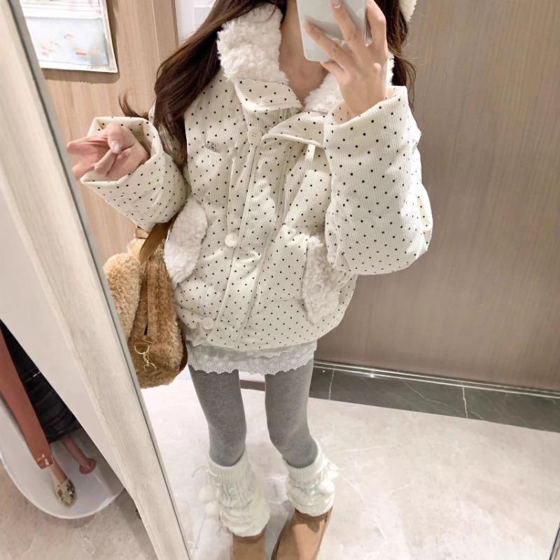 Sweet polka dot fur collar corduroy cotton jacket loose thickened warm short bread clothing in autumn and winter