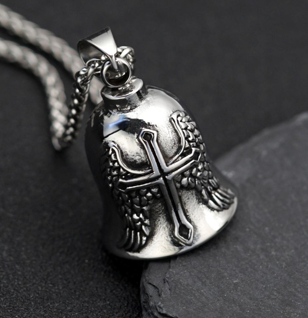 Stainless Steel Viking Motorcycle Pendant Gothic Punk Biker Jewelry for Men with Exorcism Bell