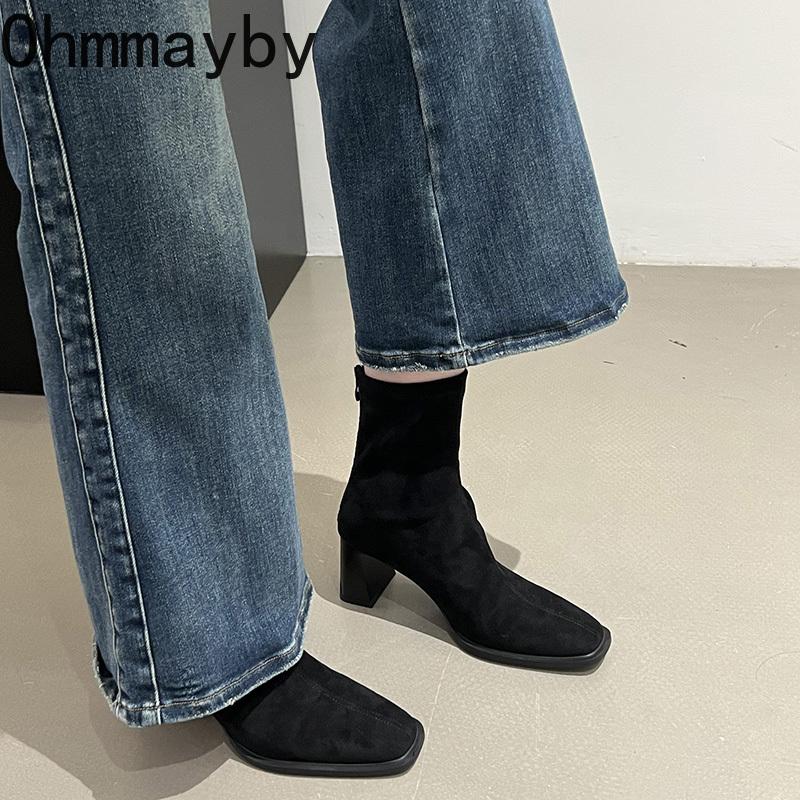Vintage Thick Heel Square Toe Women Ankle Boots Ladies Elegant Mordern Short Botas Autumn Winter  De Mujer