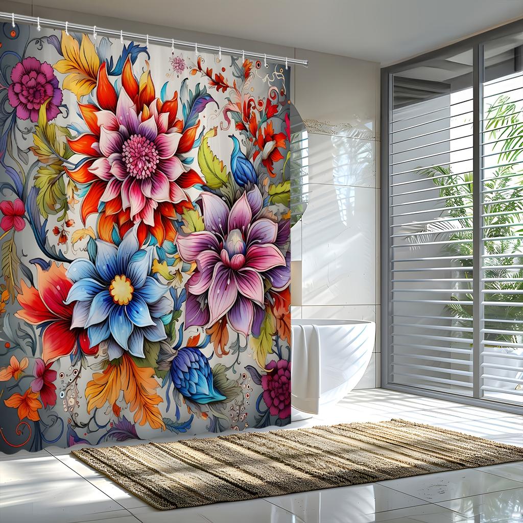 Vibrant Floral Fantasy 3D Shower Curtain - Exotic Flower & Bird Theme for Bathroom Decor, Adds Colorful Charm and Beauty