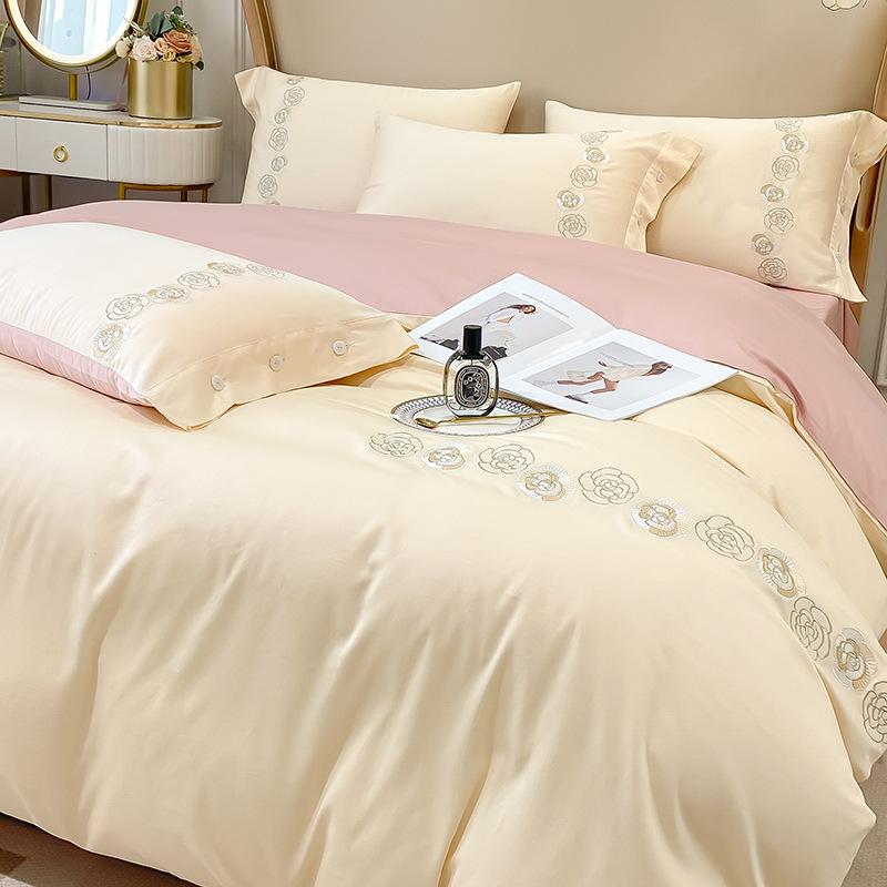 Light Luxury 60-Count Long-Staple Cotton Bedding Set: Solid Color Embroidered 4-Piece (Bed Sheet & Quilt Cover) Pure Cotton.