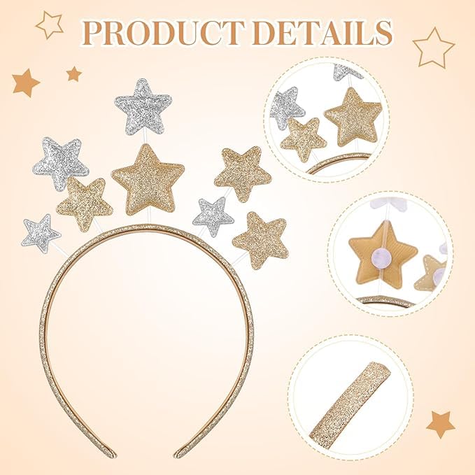 Star Tiara for Girls:2 Pieces Shiny Five-Point Hair Hoops in Gold and Silver Anti-Slip Iron Headband Crown for Birthday Christmas Cosplay Wedding