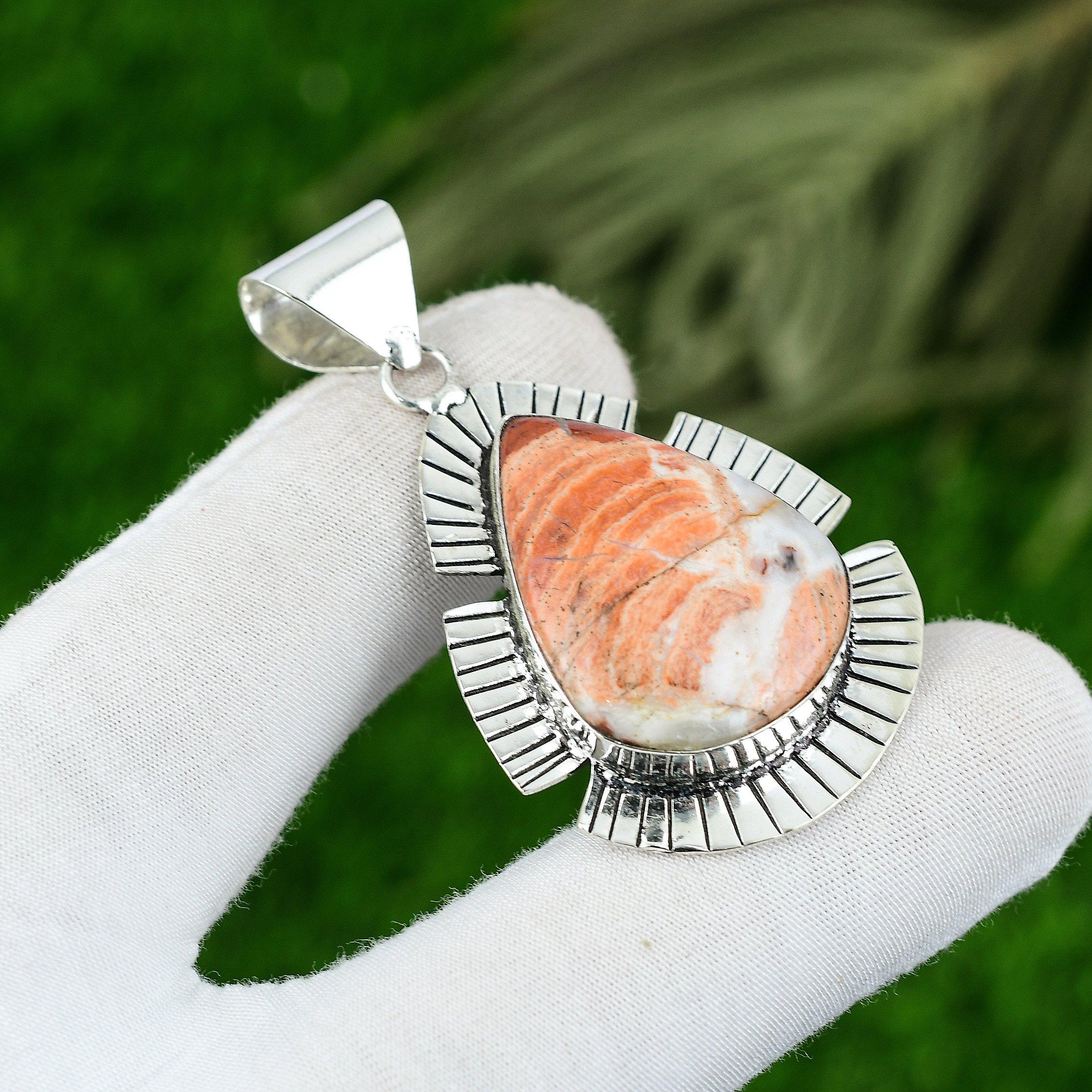 

925 Silver Pear Rainbow Jasper Stone Artisan Bezel Anniversary Pendant Jewelry