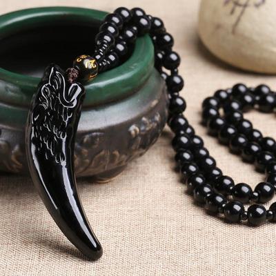 Herren Retro Obsidian Wolfszahn Anhänger Halskette - Natürlicher Kristall Schmuck