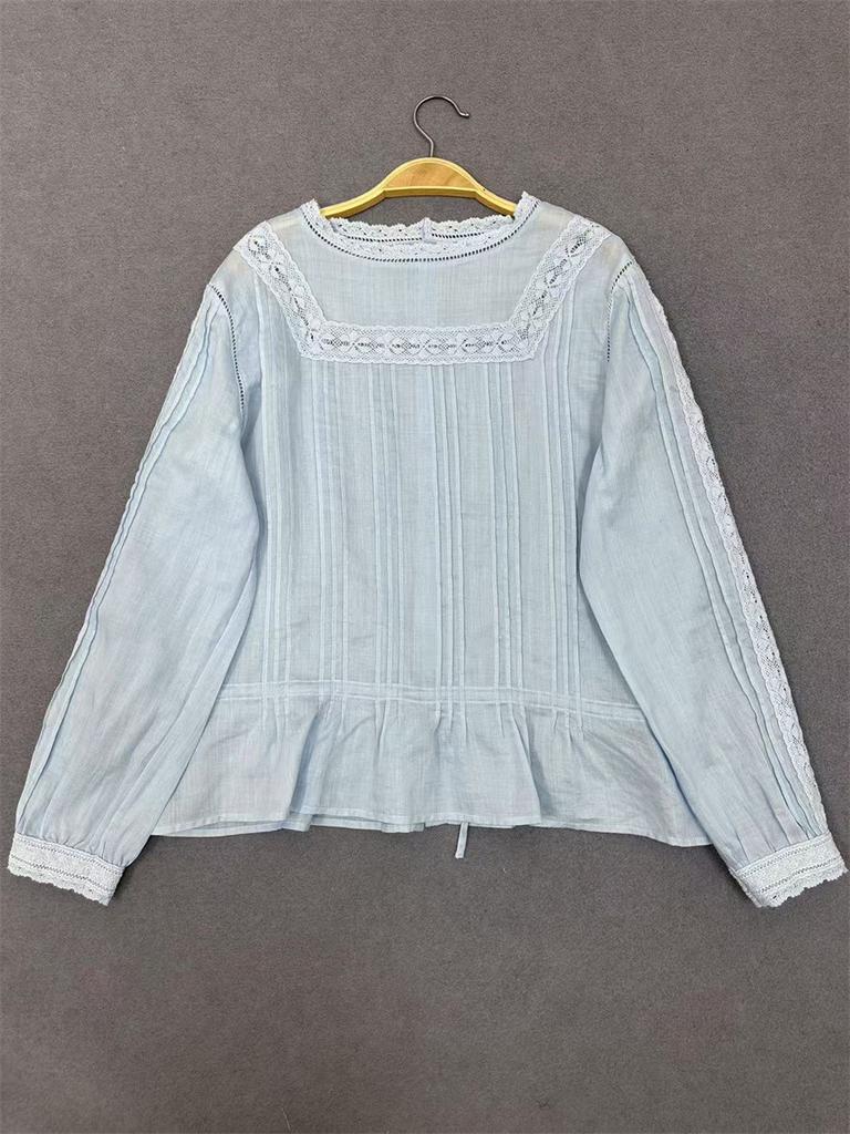 Johnature Japanese Lace Neckline Shirts Spring Summer Pressed Panel Ramie Pullover Thin Loose Casual Shirts Women