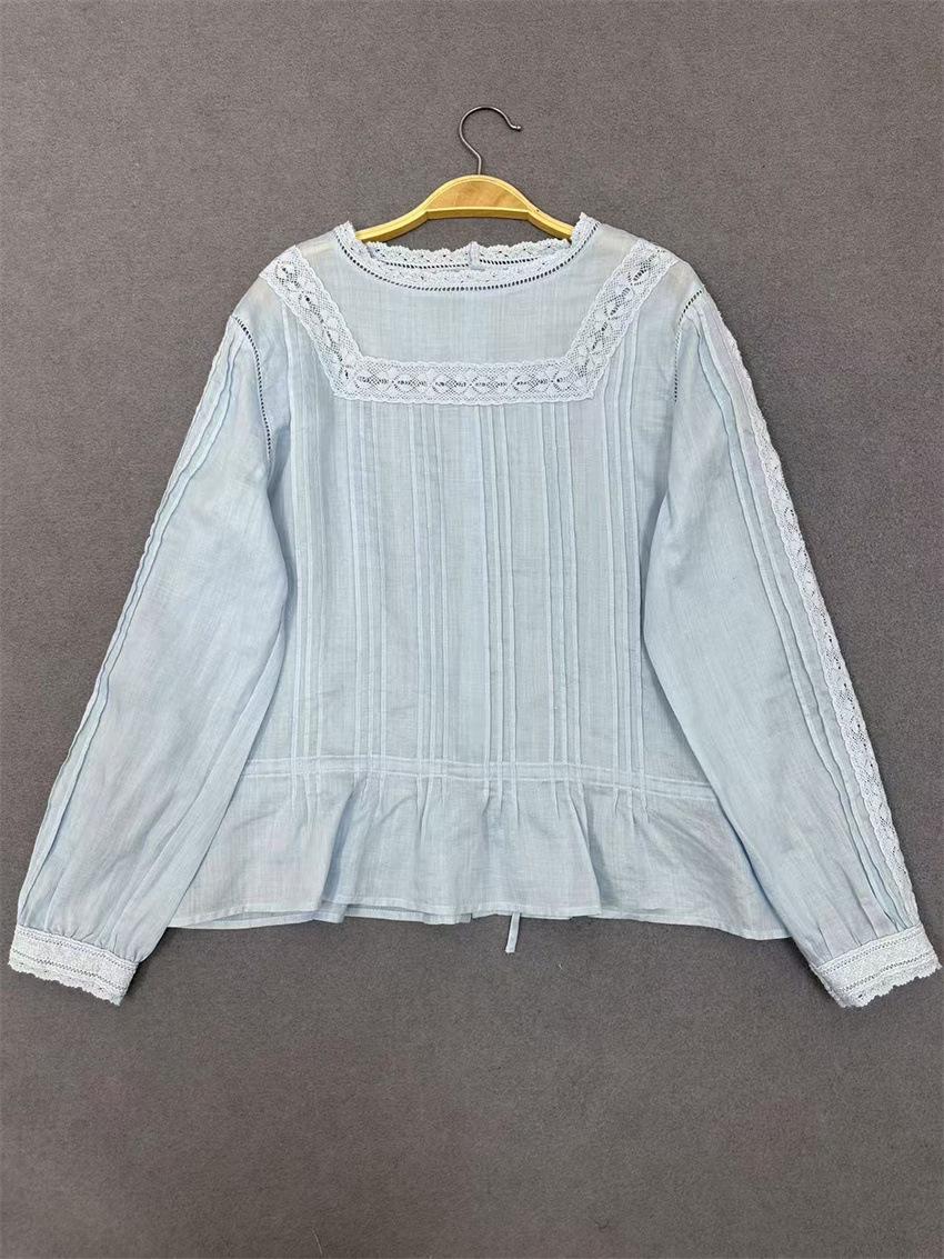 

Johnature Японские кружевные рубашки с вырезом на шее, весна-лето, прессованные вставки, пуловеры из рами, тонкие свободные повседневные рубашки для женщин One Size