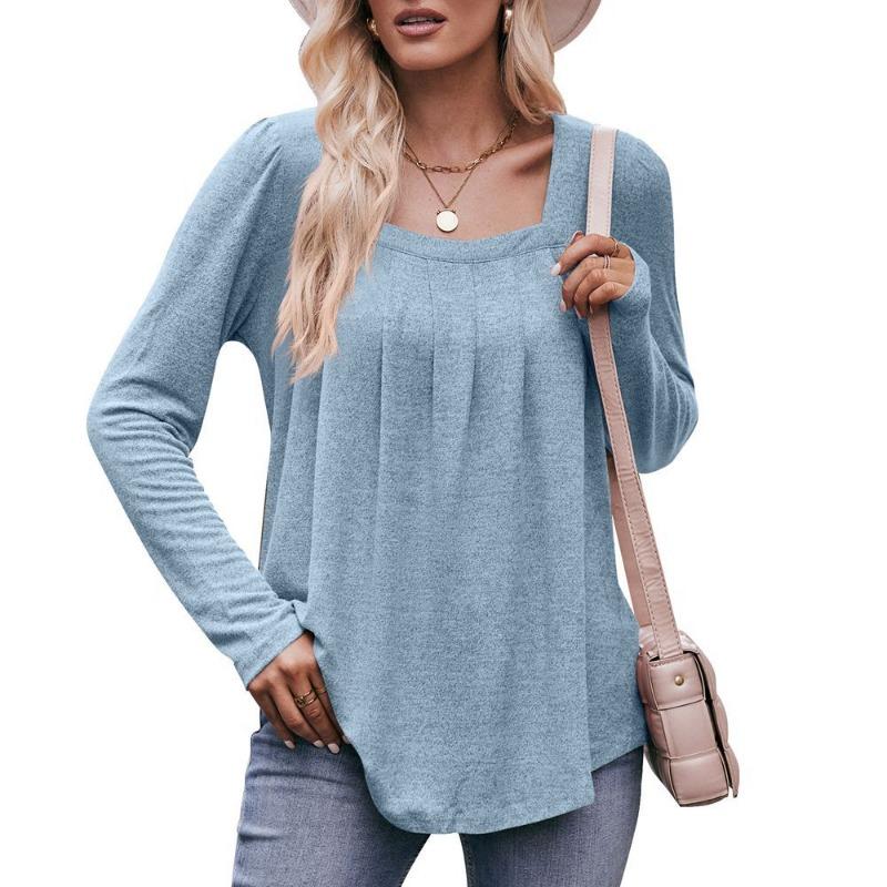 Women's Autumn and Winter New Style Casual Puff Sleeve Square Collar Press-pleated Long-sleeved T-shirt Pullover