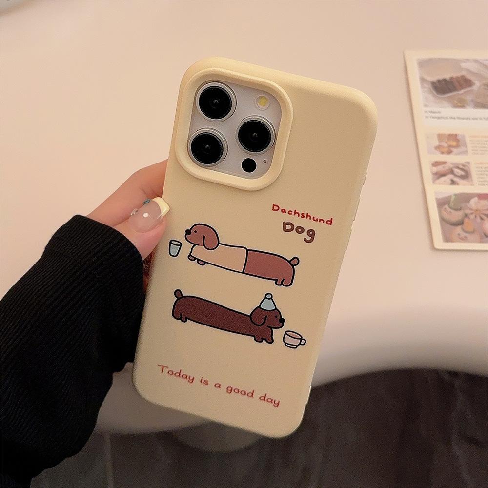 Růžový kreslený pouzdro na telefon s jezevčíkem
