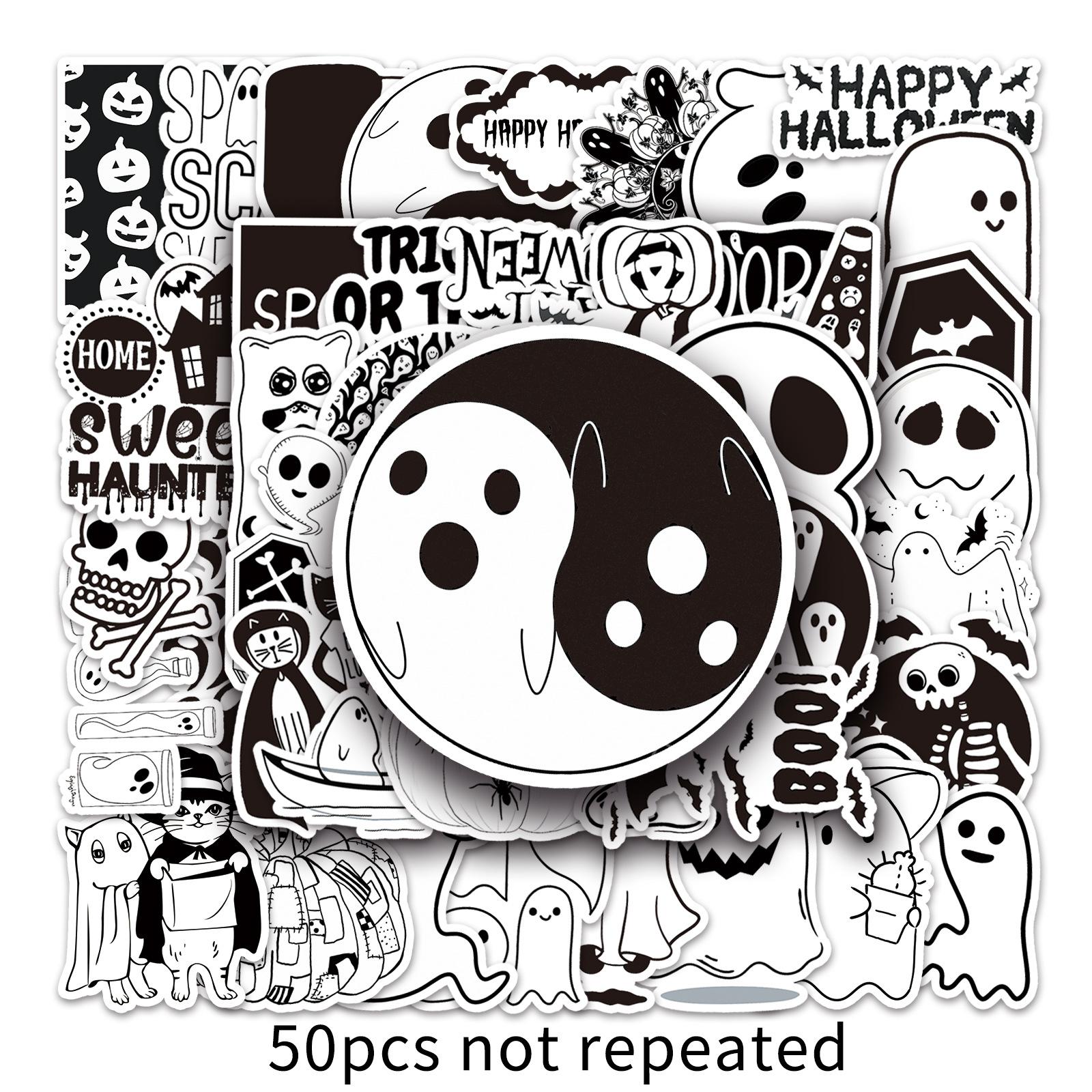 

50 Черно-белых Хэллоуинских Дудлов, Мультяшные Личности, Детские DIY Стикеры для Мобильного Телефона, Чемодана, Водонепроницаемые
