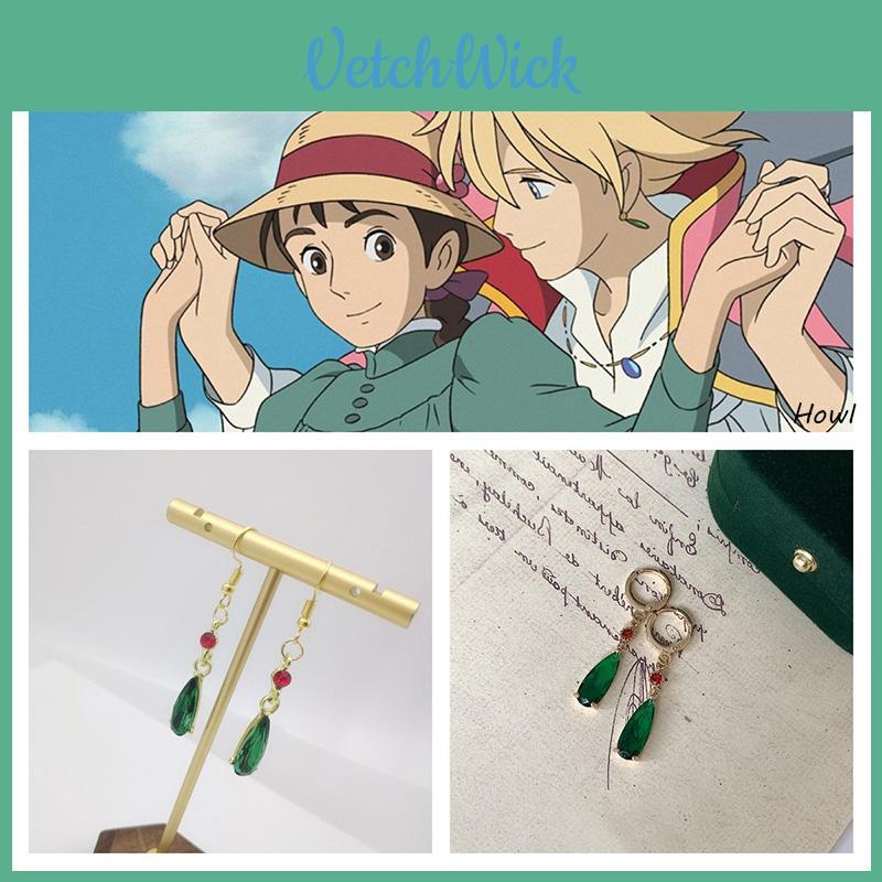 Brincos Pendentes Castelo Animado de Howl Com Gema Verde Estilosos e Elegantes