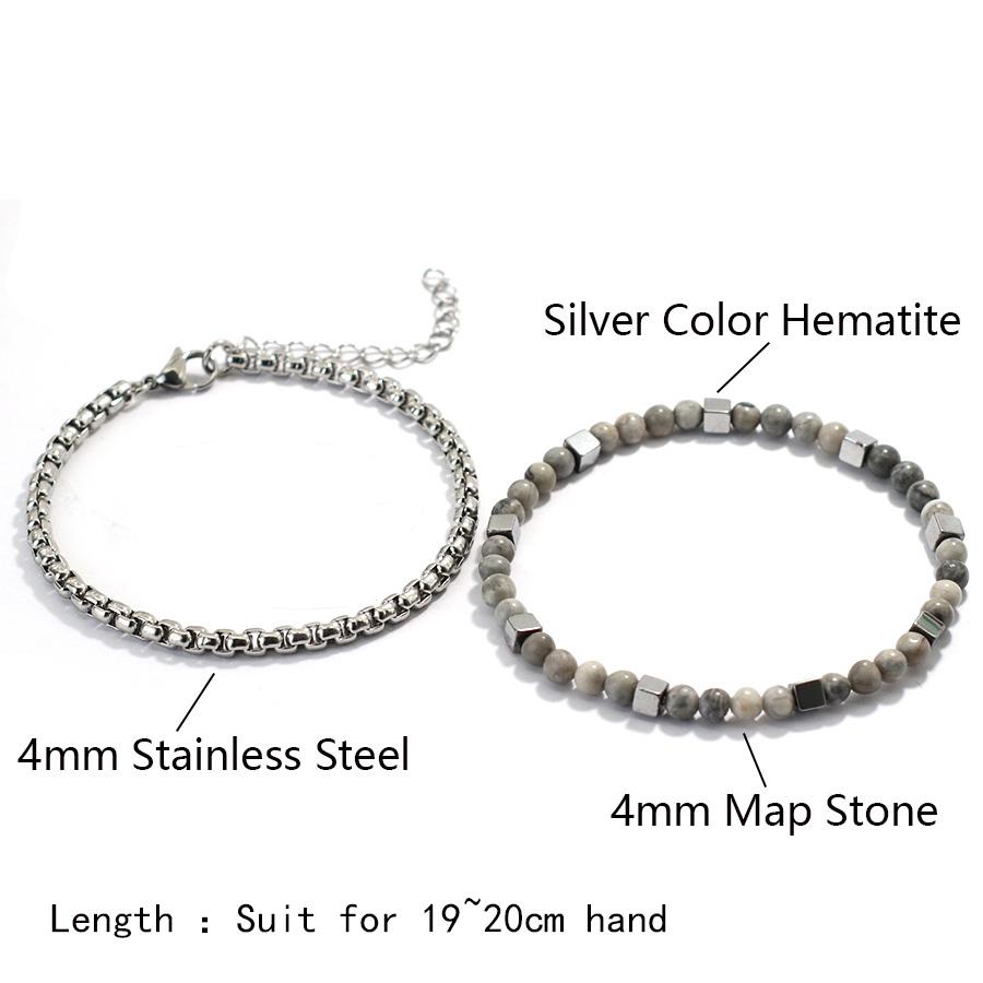 Stylish 2Pcs Men Bracelet Set 4mm Stainless Steel Cuban Chain Braslet Square Hematite Stone Healing Braclet Cycling Accessories