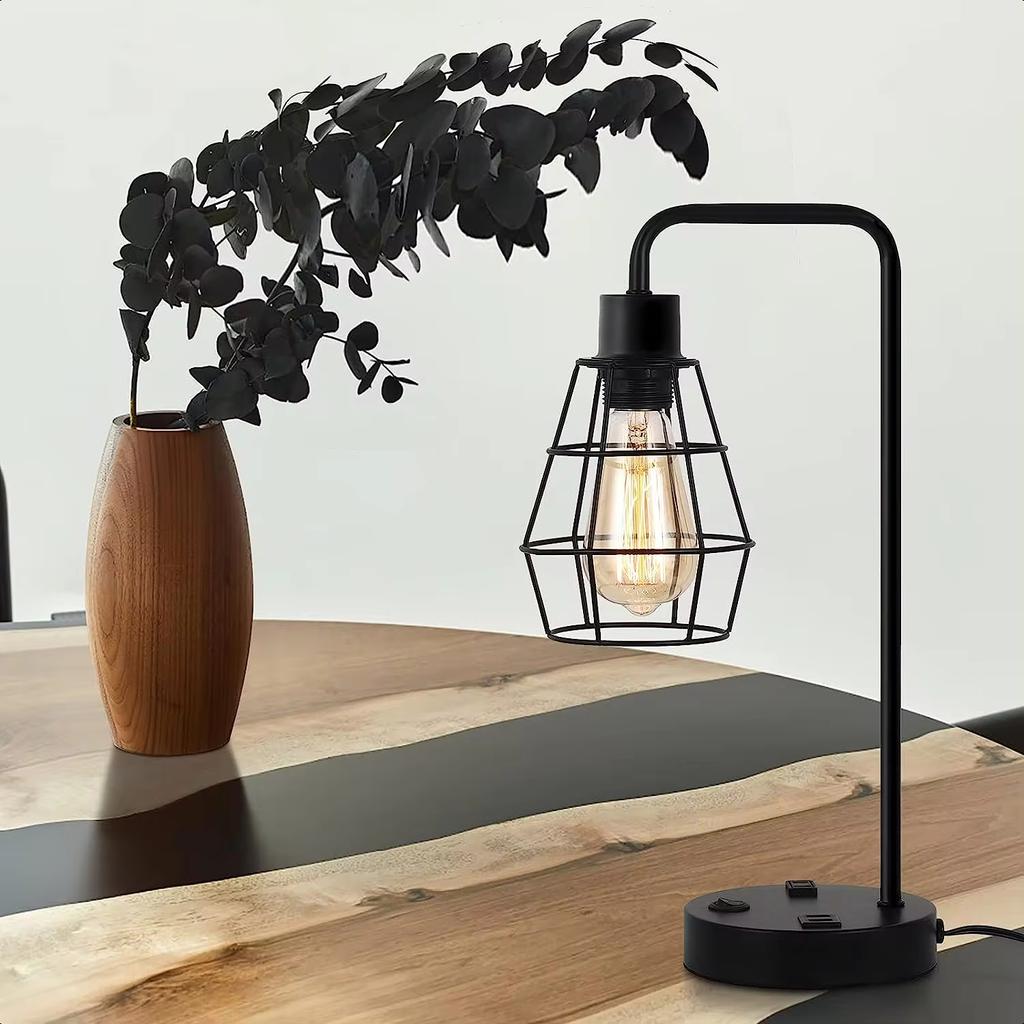 New Set of 2 Black Industrial Table Lamp Nightstand Bedside Lamps w/ USB Ports Shade