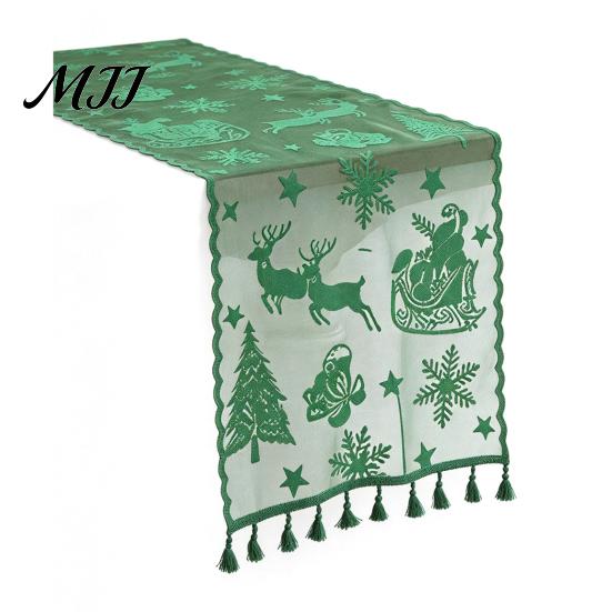 Holiday Table Runner Christmas Lace with Tassels, Sheer Embroidery Snowflake Sleigh Xmas Tablecloth, Cover for Parties Dining Room Decor Entryway