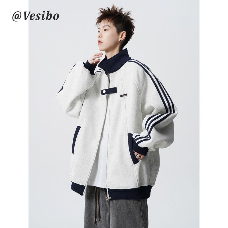 

American-Style Patchwork Sports Jacket for Men, Winter Heavyweight Trendy Brand Versatile Couple s Coat, High Street Cool Striped Baseball Jacket White Flower Ash 2XL