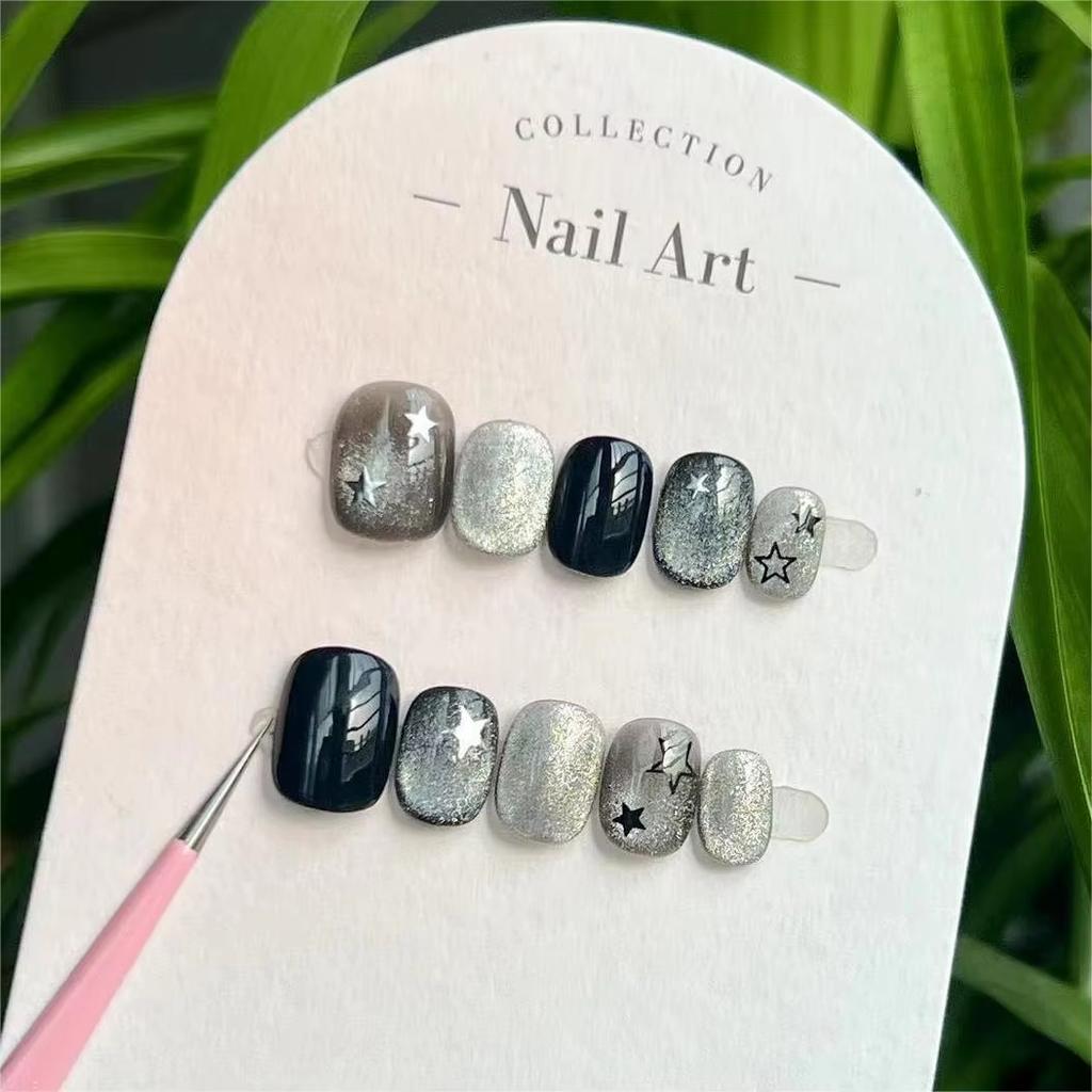 10Pcs Handmade Black Cat Eye Star Press On Nails Short Square Round Sweet Cool Wearable False Nail Art For Women Girls