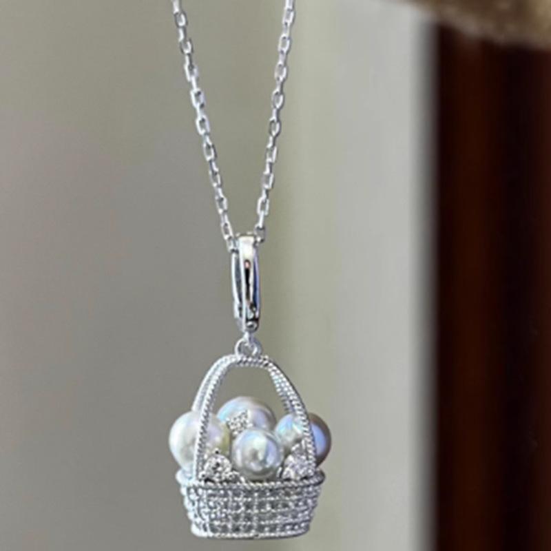 Elegant inlay diamond irregular white pearls small flower basket necklace fashion light luxury collar chain wedding 45cm