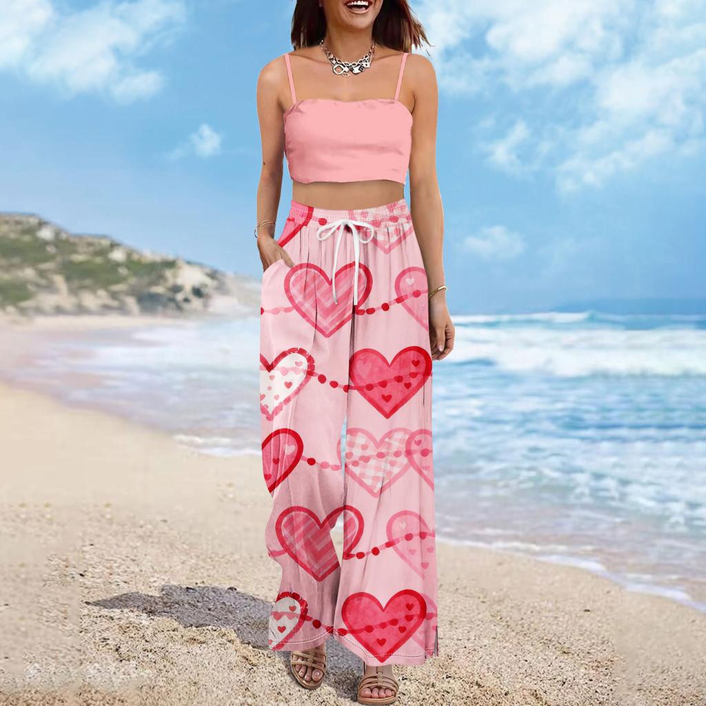 Pantaloni largi cu talie înaltă pentru femei, stil boho de vară, stil palazzo, cu imprimeu, casual, cu buzunare